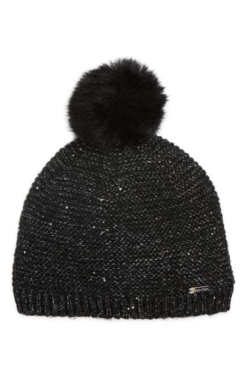 Calvin Klein Mini Sequin Faux Fur Pom Beanie In Black