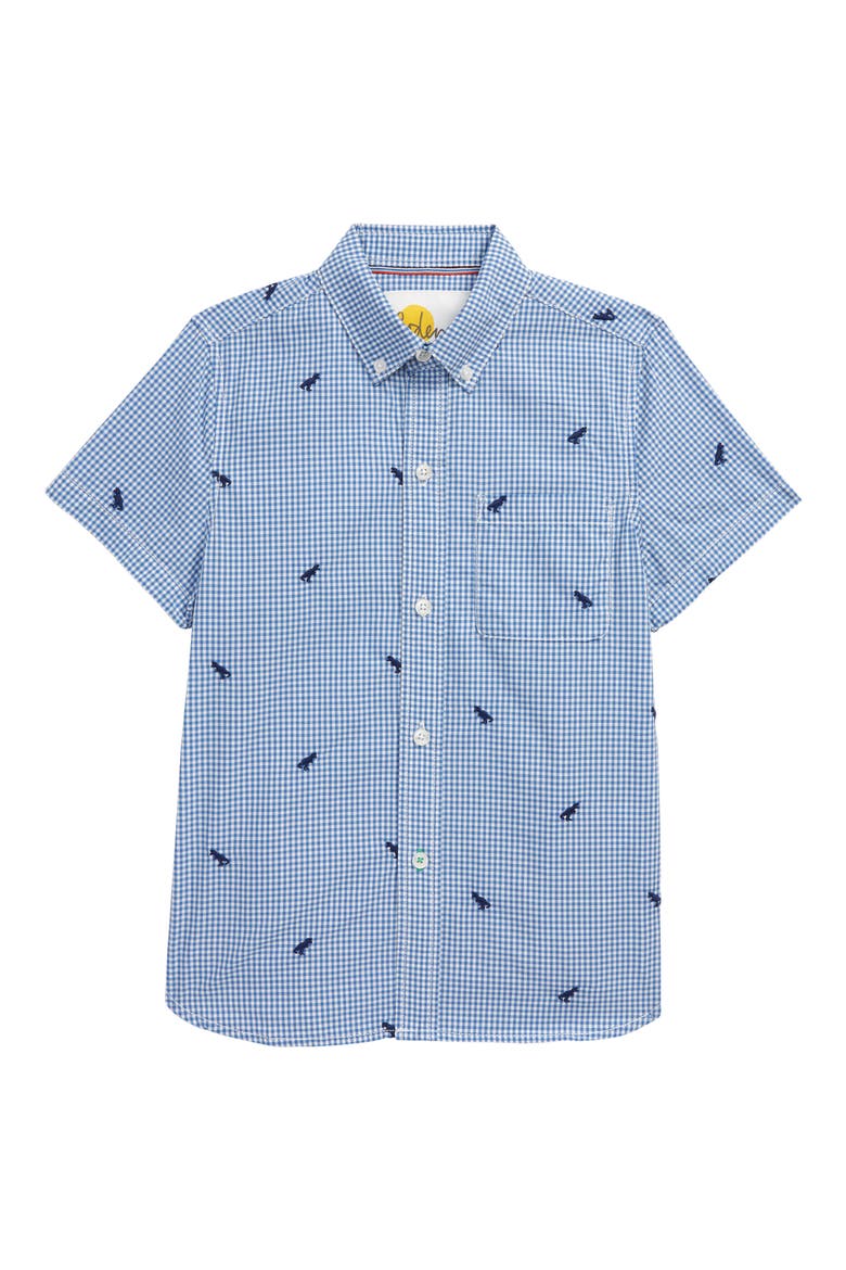 Kids' Embroidered Gingham Button-Up Shirt, Main, color, SKY BLUE/ IVORY GINGHAM DINOS