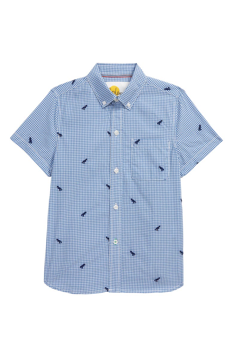 Mini Boden Kids' Embroidered Gingham Button-Up Shirt, Main, color, 