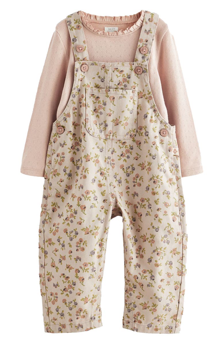 NEXT Kids' Long Sleeve Cotton T-Shirt & Floral Overalls Set, Main, color,