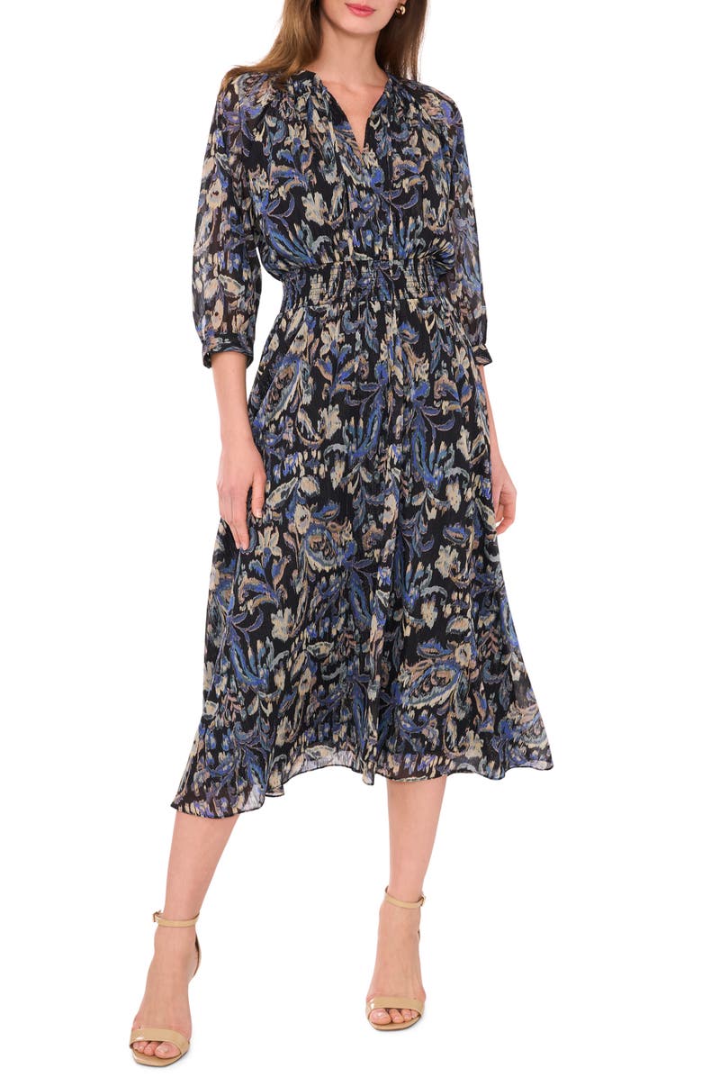 Halogen<sup>®</sup> Print Smocked Waist Chiffon Midi Dress, Main, color,