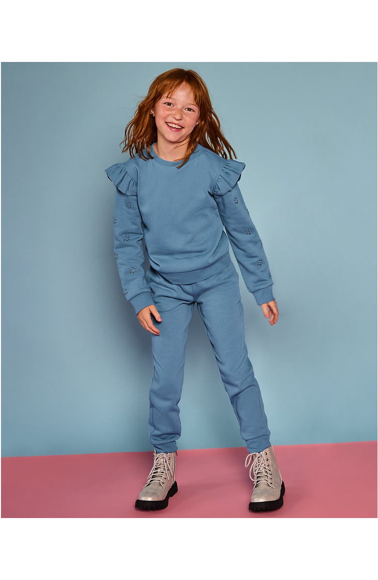 Lands' End Girls Long Sleeve Cozy Fleece Ruffle Eyelet Sweatshirt, Main, color, Marine Blue