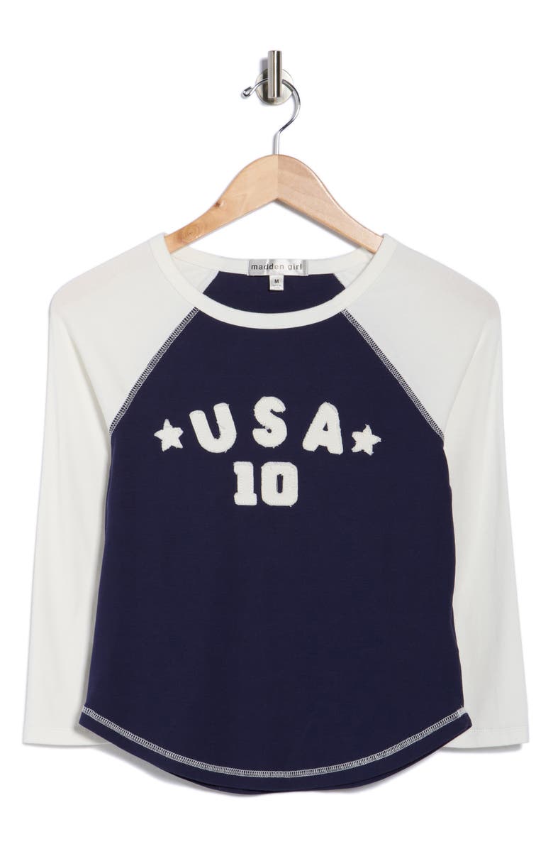 Madden Girl Patch Raglan Tee, Alternate, color, Navy/ Ivory