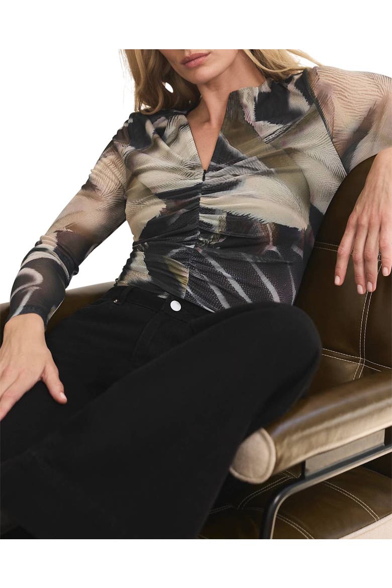Long Sleeve Printed Mesh Zip Top, Main, color, Black