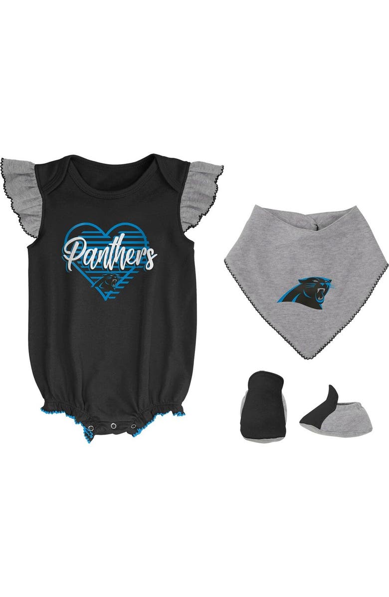 Outerstuff Girls Newborn & Infant Black/Heathered Gray Carolina Panthers All The Love Bodysuit Bib & Booties Set, Main, color, Black