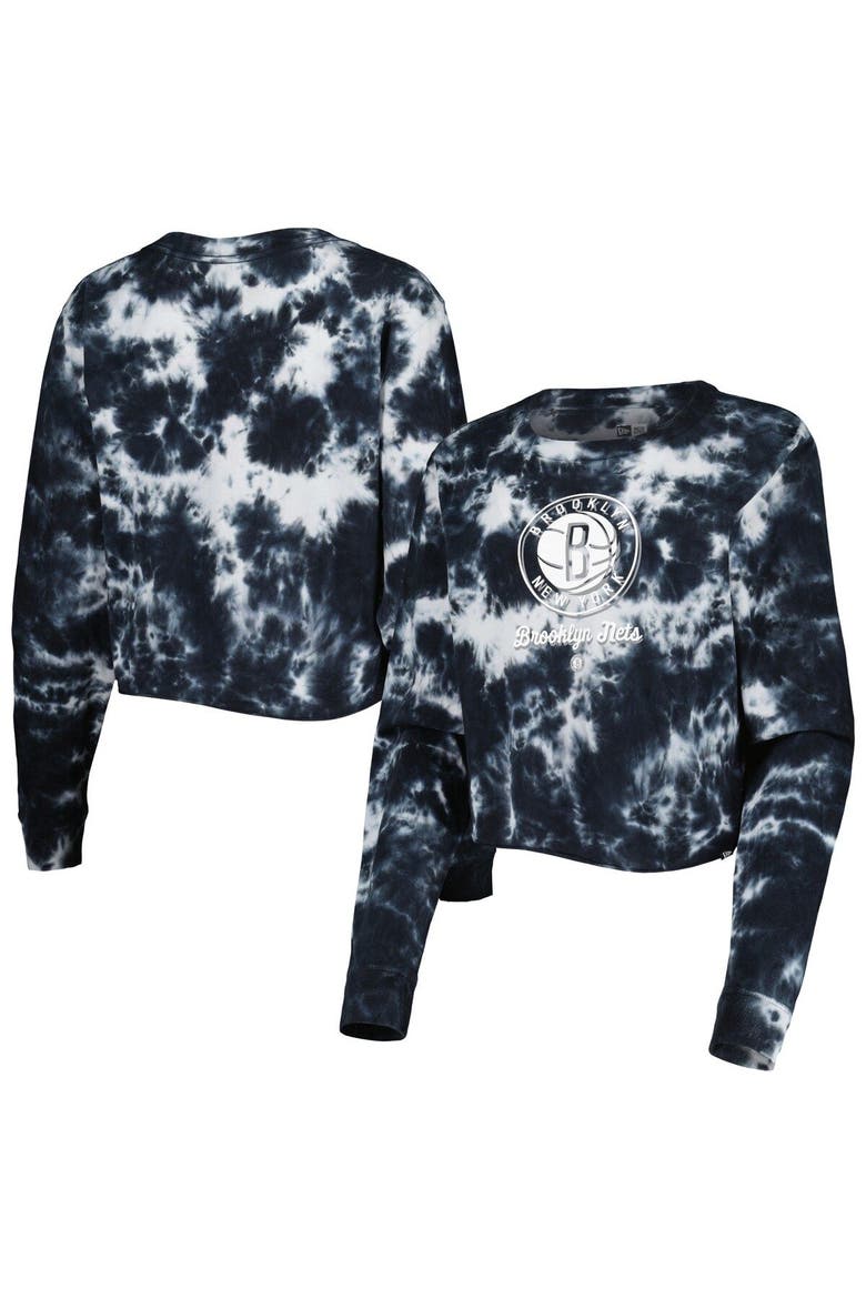 Women's New Era Black Brooklyn Nets Tie Dye Cropped Long Sleeve T-Shirt, Main, color, Black