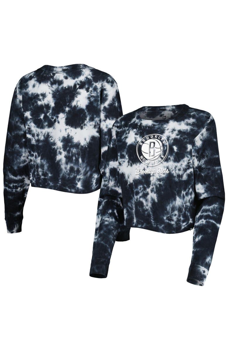 New Era Women's New Era Black Brooklyn Nets Tie Dye Cropped Long Sleeve T-Shirt, Main, color, Black