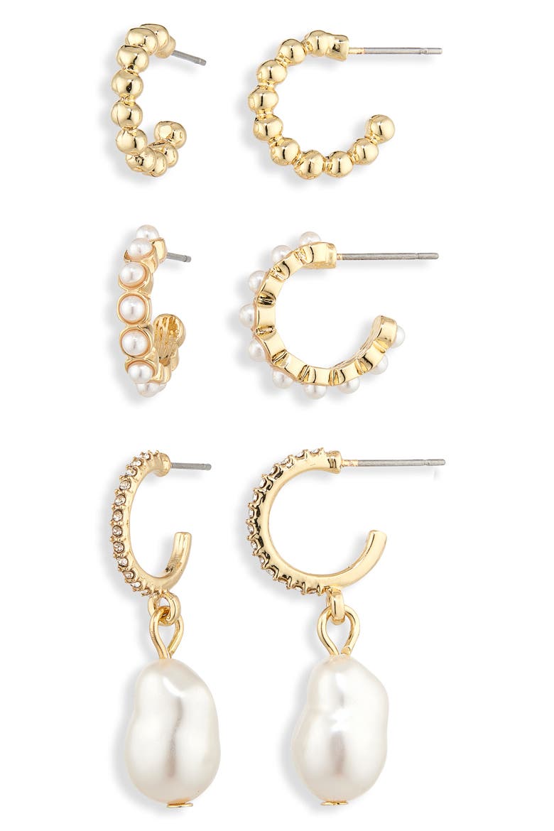 Winning Pearl-Sonality Set of 3 Drop & Huggie Hoop Earrings, Alternate, color, PEARL