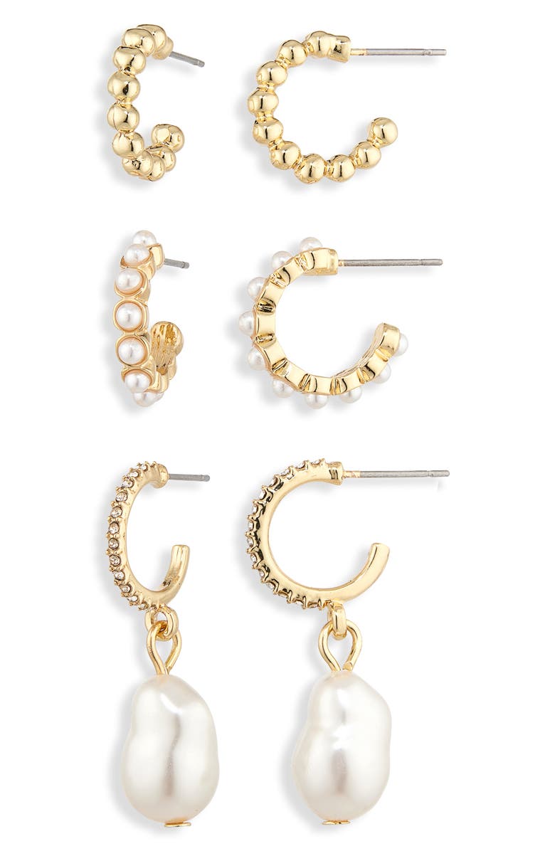 BaubleBar Winning Pearl-Sonality Set of 3 Drop & Huggie Hoop Earrings, Alternate, color, Pearl
