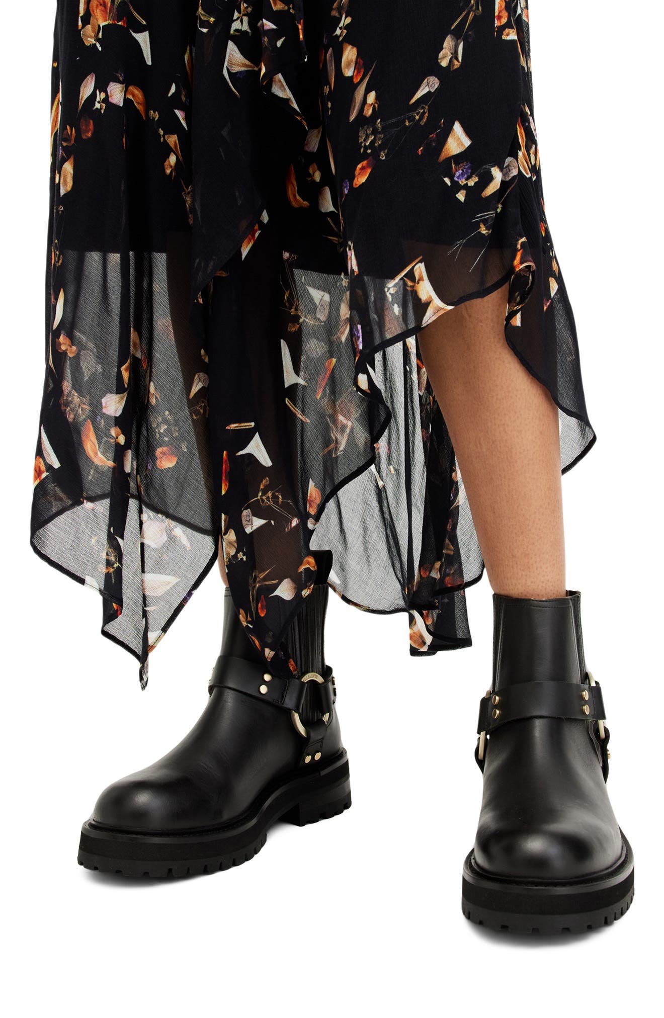 AllSaints Maddie Lug Sole Biker Boot, Alternate, color, Black/ Warm Brass