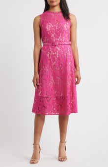 Adrianna Papell Belted Sleeveless Lace Midi Dress