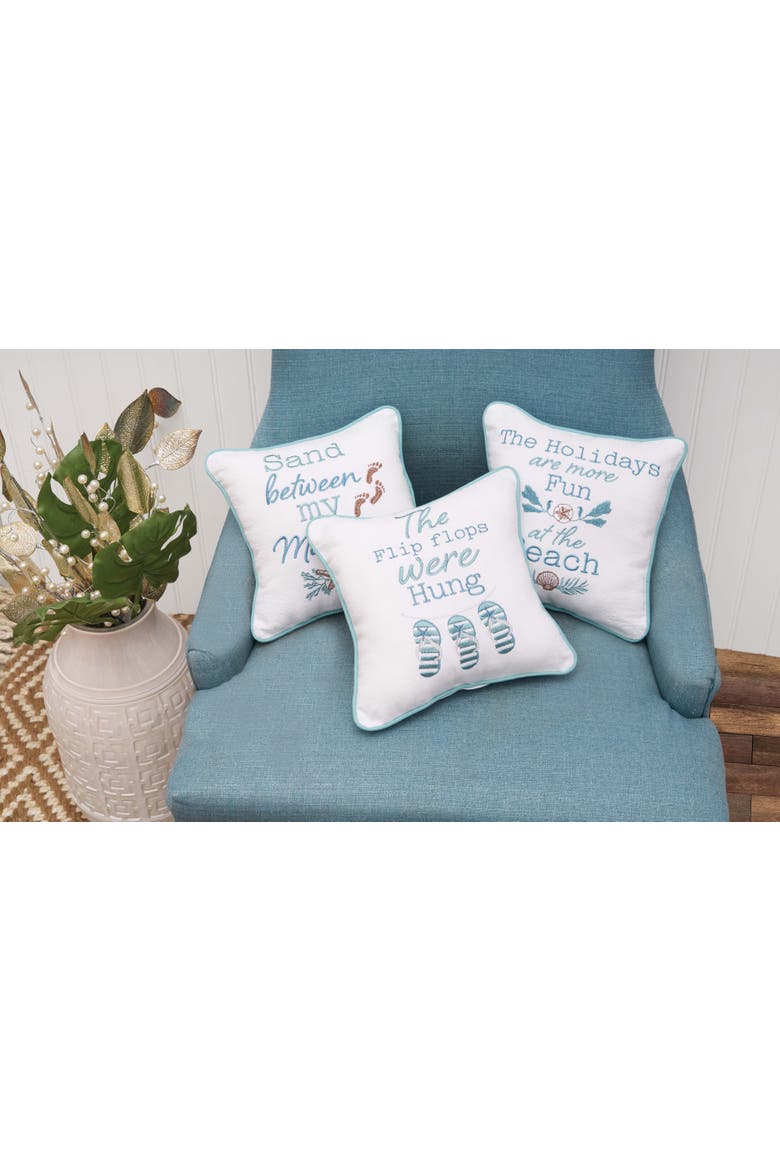 "Flip Flops Were Hung" Sandals Cotton Blend Mini Accent Pillow 10" x 10", Alternate, color, Blue