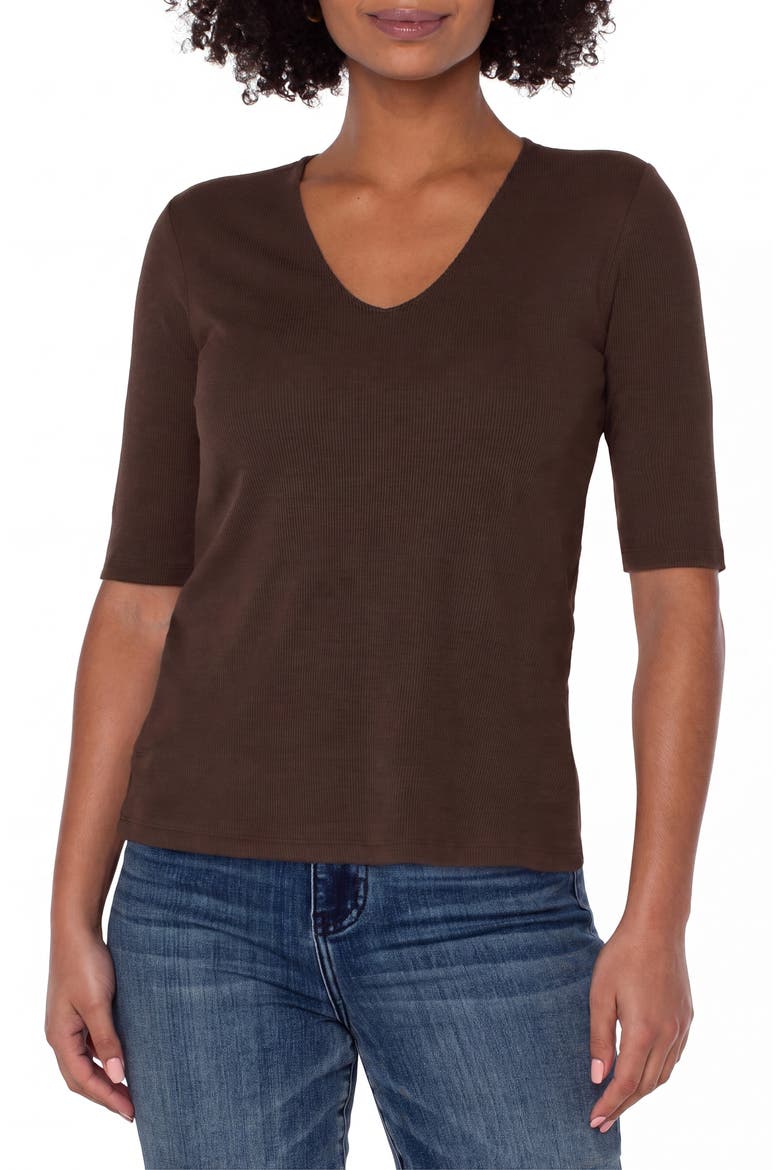 Double Layer V-Neck Rib Top, Main, color, DK ESPRESSO