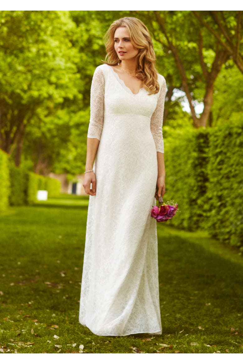 Anya 3/4 Sleeve V-Neck Lace Bridal Gown, Alternate, color, Ivory