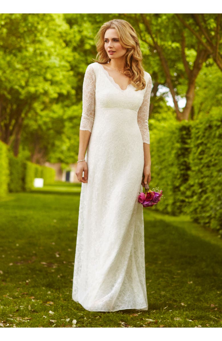 Alie Street London Anya 3/4 Sleeve V-Neck Lace Bridal Gown, Alternate, color, Ivory