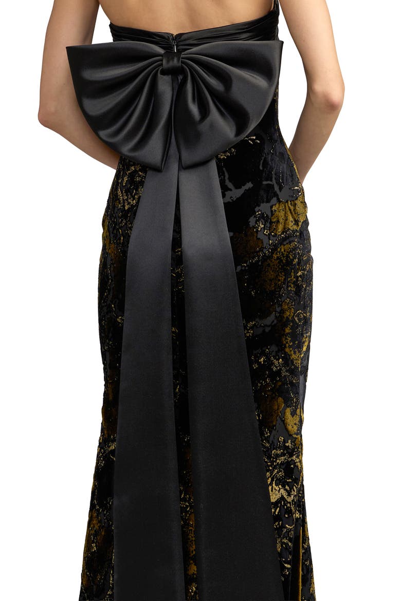Strapless Floral Velvet Bow-Back Evening Gown, Alternate, color, Black Gold