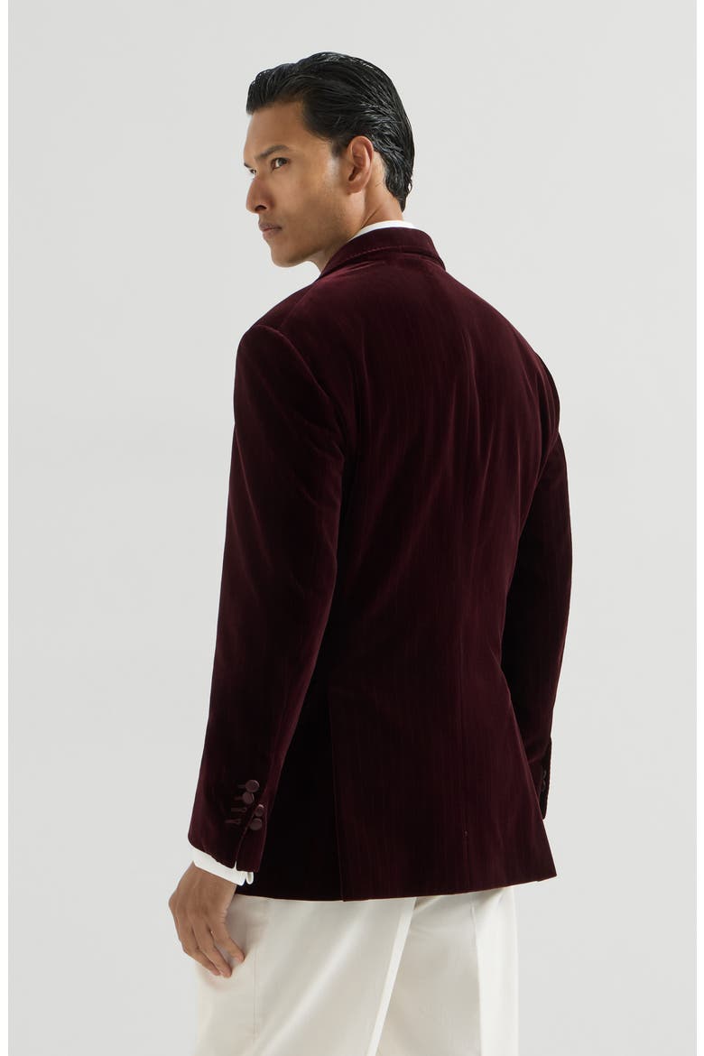 Cotton chalk stripe velvet one-and-a-half breasted tuxedo jacket with peak lapels, Alternate, color, Bordeaux