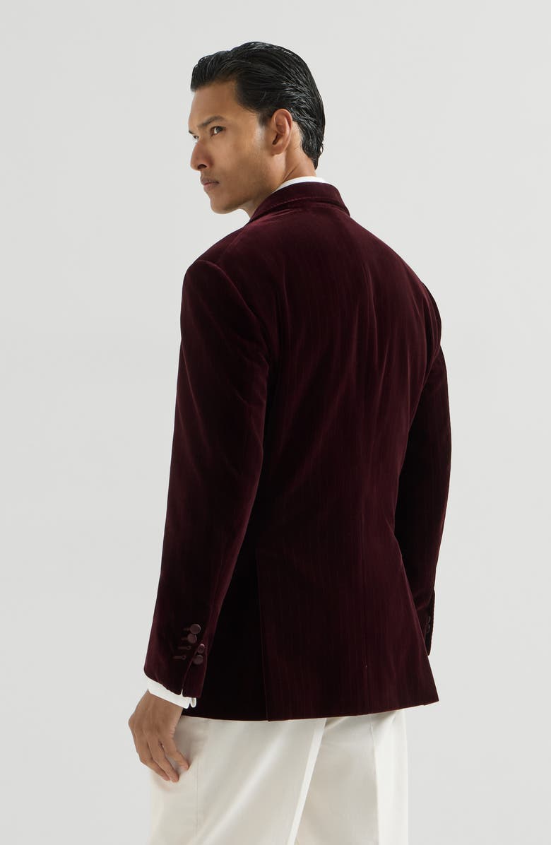 Brunello Cucinelli Cotton chalk stripe velvet one-and-a-half breasted tuxedo jacket with peak lapels, Alternate, color, Bordeaux