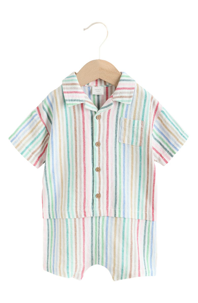 NEXT Multi Stripe Linen Blend Romper, Main, color, Blue