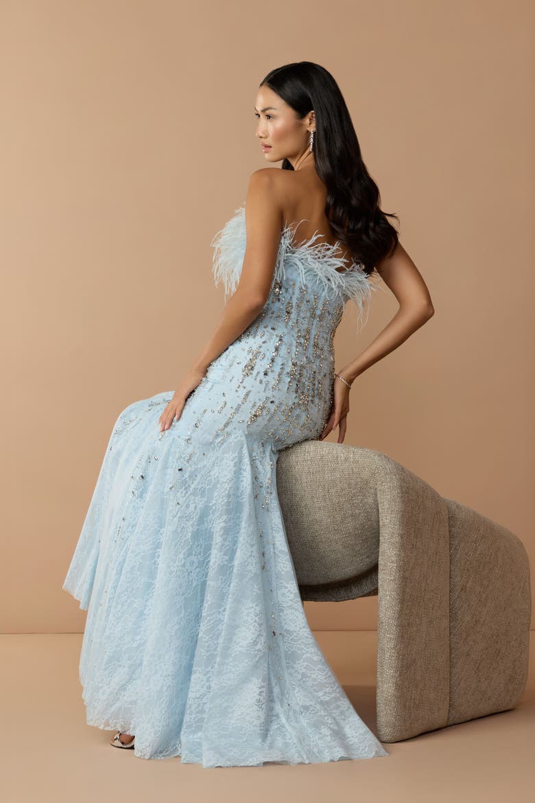Strapless Feather Embellished Mermaid Gown, Alternate, color, Powder Blue