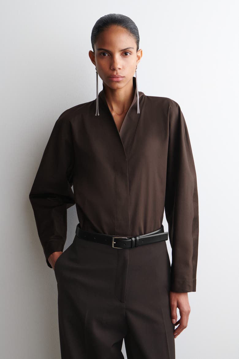 Shawl-Collar Cotton Blouse, Main, color, DARK BROWN