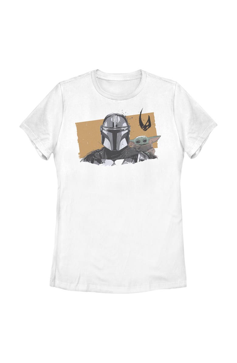 Star Wars: The Mandalorian and Grogu Women's Star Wars The Mandalorian and Grogu Bounty Hunter and The Child Portrait  Graphic T-Shirt, Main, color, White