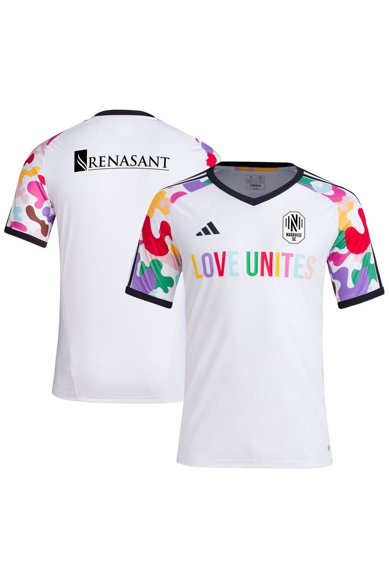 Men's adidas White Nashville SC 2023 Pride Pre-Match Top, Alternate, color, White