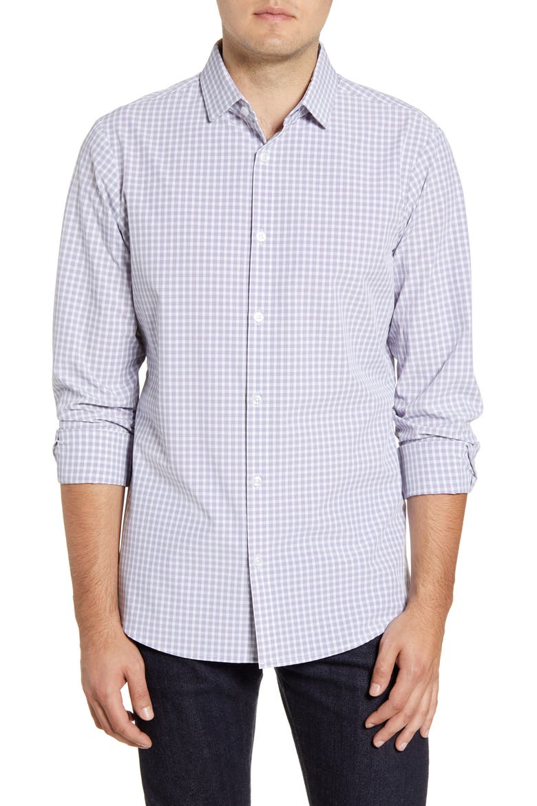 Ryder Glen Trim Fit Plaid Button-Up Performance Sport Shirt, Main, color, GREY