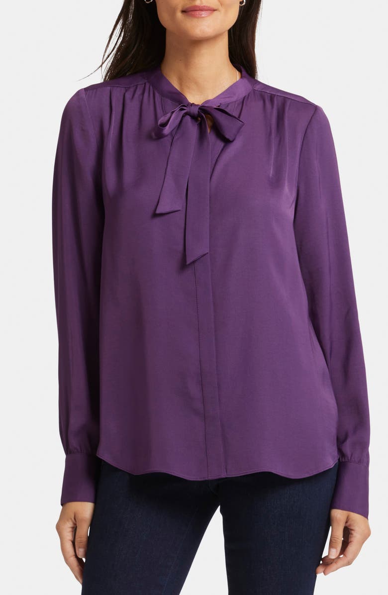NYDJ Tie Neck Satin Button-Up Shirt, Main, color, Grape Royale