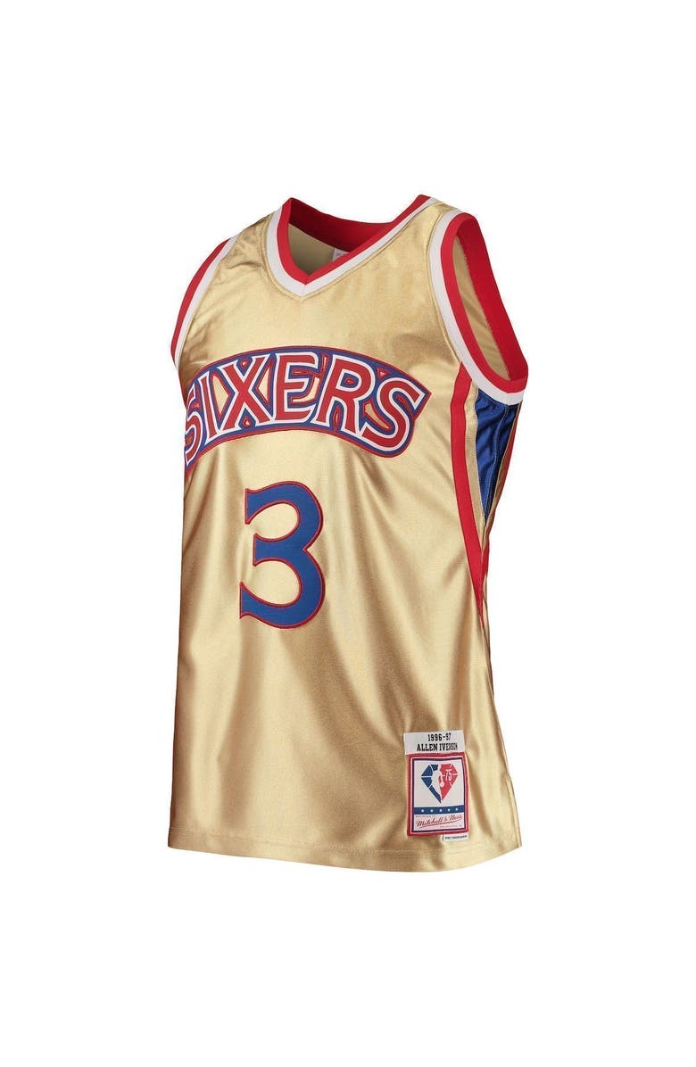 Mitchell & Ness Men's Mitchell & Ness Allen Iverson Gold Philadelphia 76ers 75th Anniversary 1996/97 Hardwood Classics Swingman Jersey, Alternate, color, 