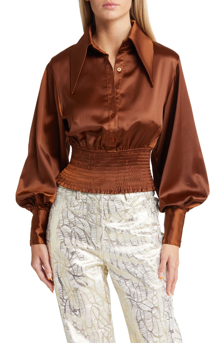 Amy Lynn Smocked Waist Satin Shirt, Main, color, 