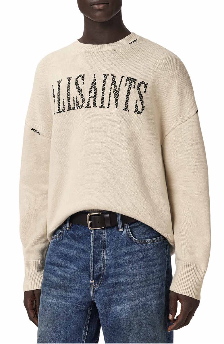 AllSaints Crossed Logo Intarsia Crewneck Sweater, Alternate, color, Ecru White