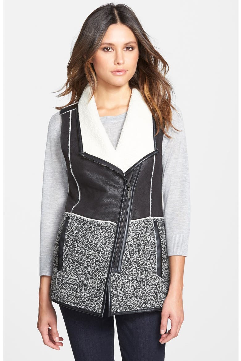 'Loey' Mixed Media Faux Shearling Vest, Main, color, BLACK/ IVORY