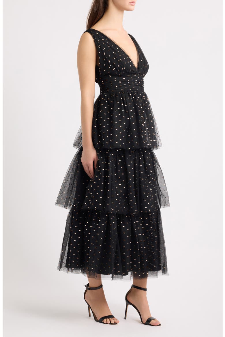 Sleeveless Foil Tiered Midi Dress, Alternate, color, BLACK/GOLD/SILVER