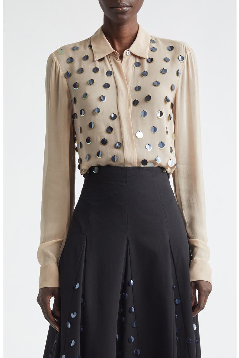Paillette Embroidered Georgette Button-Up Shirt, Main, color, TAUPE