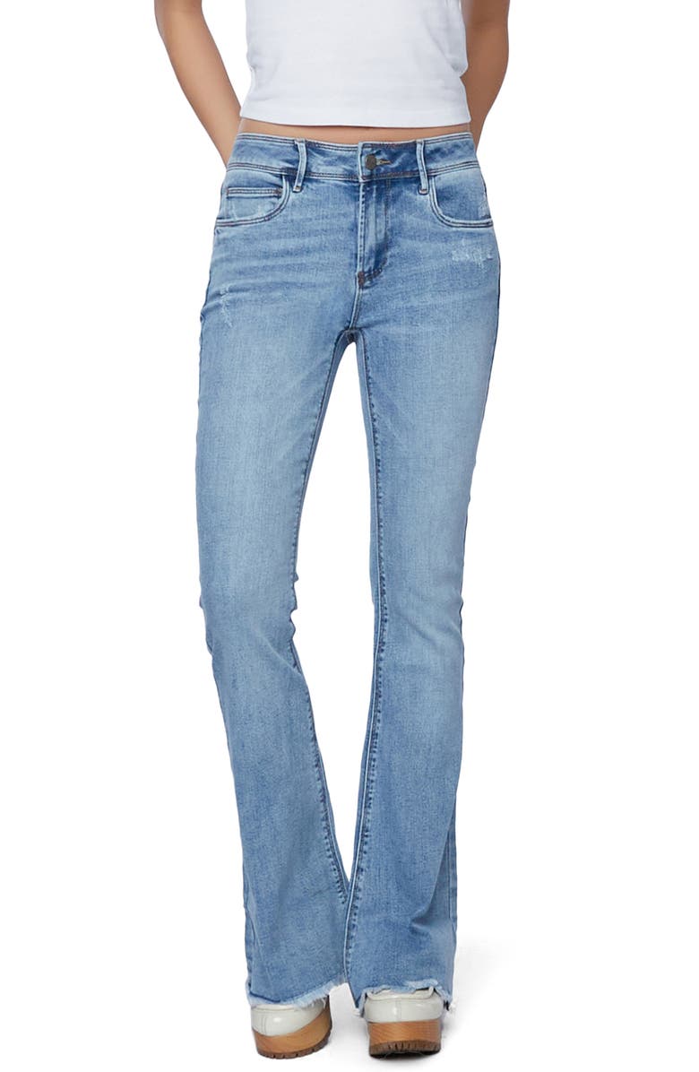 HINT OF BLU Frayed Mid Rise Slim Flare Jeans, Main, color, 