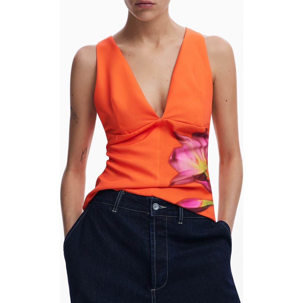 Shop Desigual Floral Deep V-neck Tank In Orange