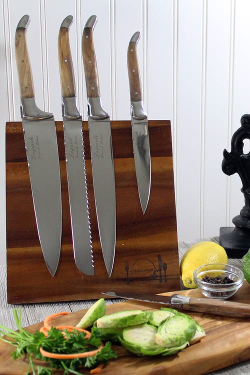 French Home Laguiole Connoisseur Olivewood 6-piece Kitchen Knife Set Plus Magnetic Display In Olivewood And Silver