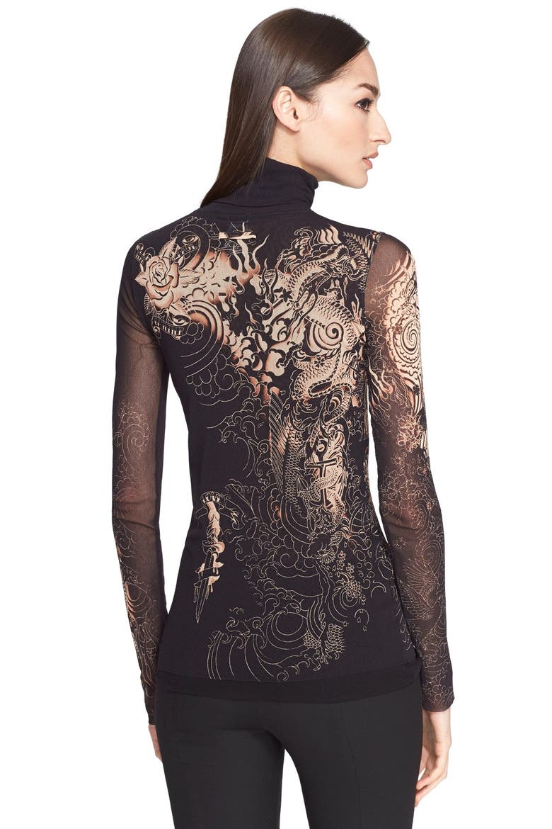 Jean Paul Gautier Tattoo Print Tulle Turtleneck (Nordstrom Exclusive), Alternate, color, BLACK