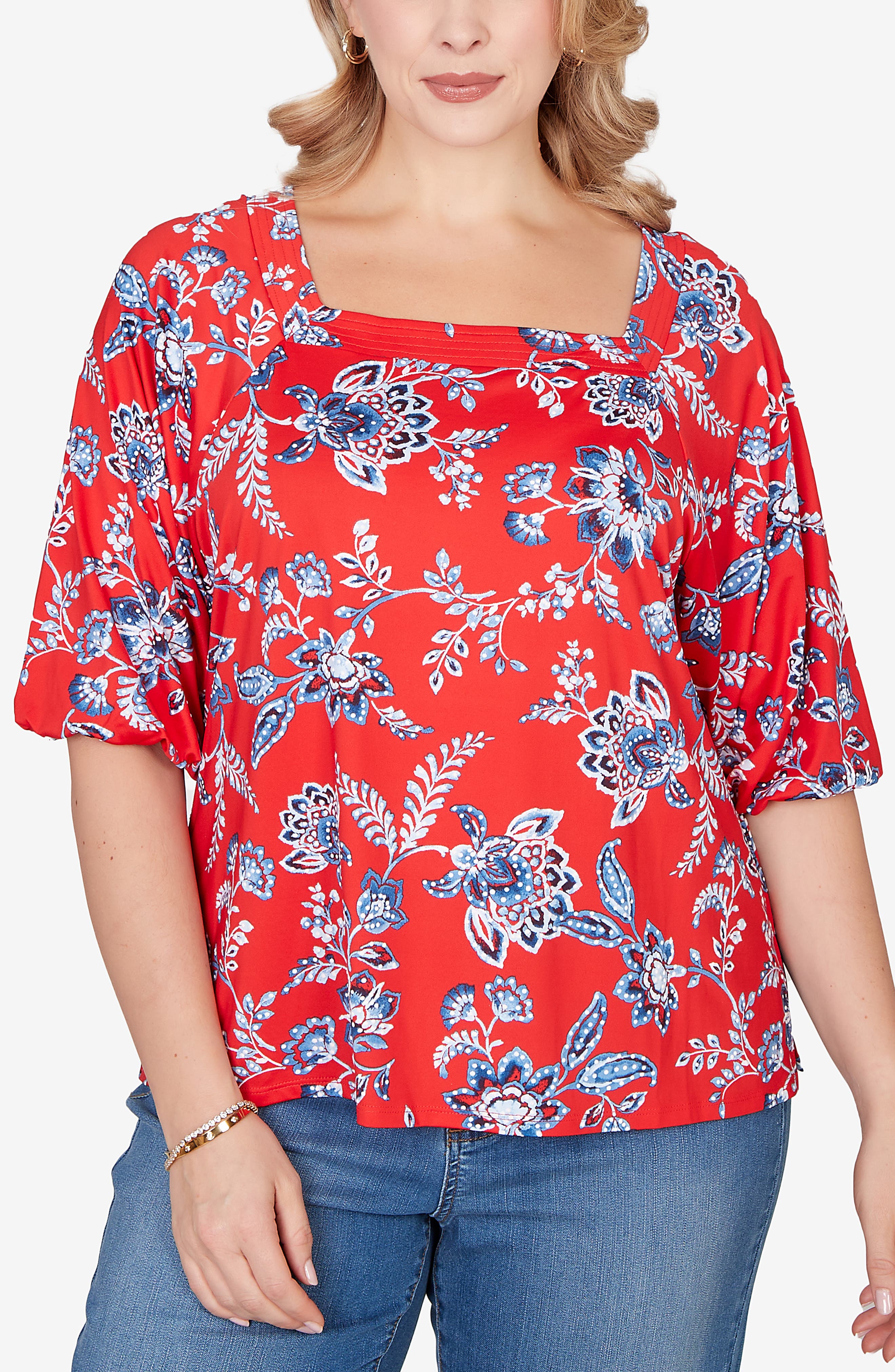 RUBY RD Floral Three-Quarter Puff Sleeve Jersey Top
