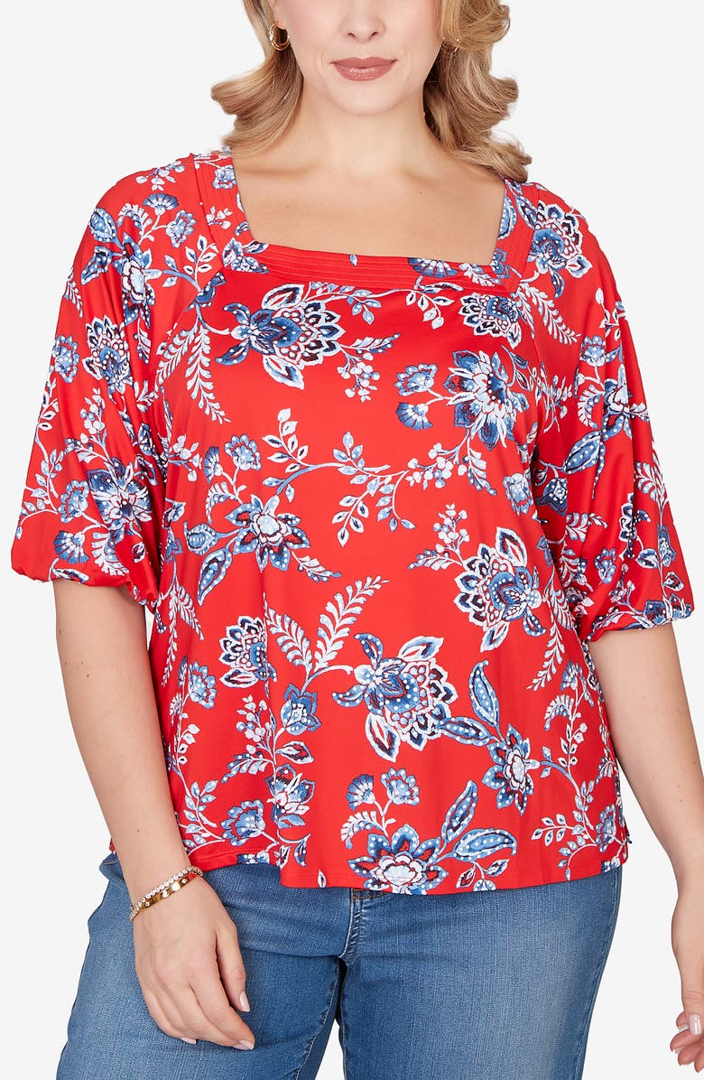 RUBY RD Floral Three-Quarter Puff Sleeve Jersey Top, Main, color, 