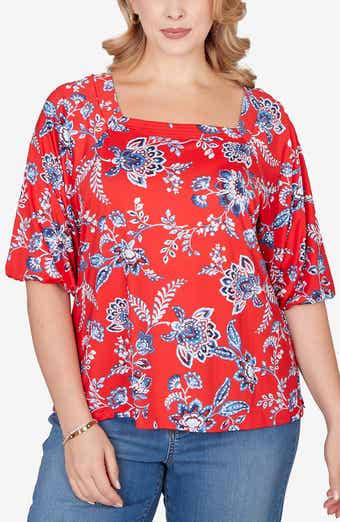 RUBY RD Floral Three-Quarter Puff Sleeve Jersey Top