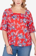 RUBY RD Floral Three-Quarter Puff Sleeve Jersey Top