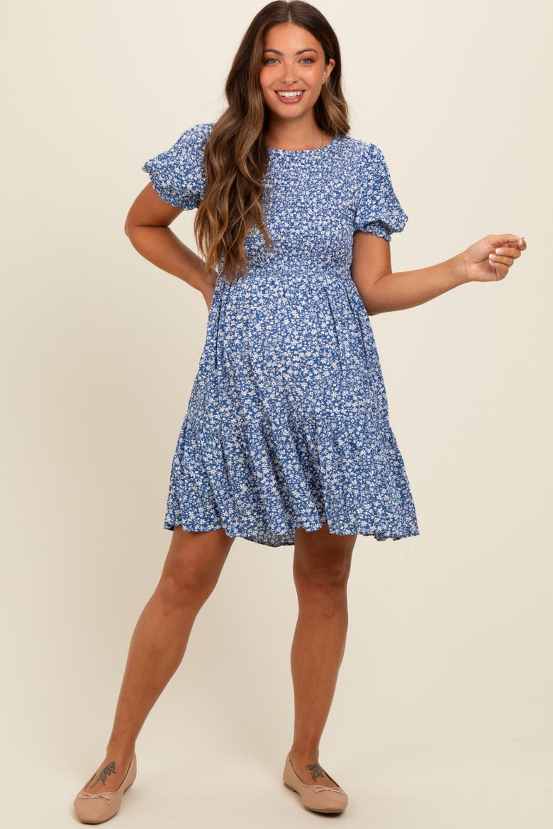 Floral Puff Sleeve Smocked Dress, Alternate, color, Blue