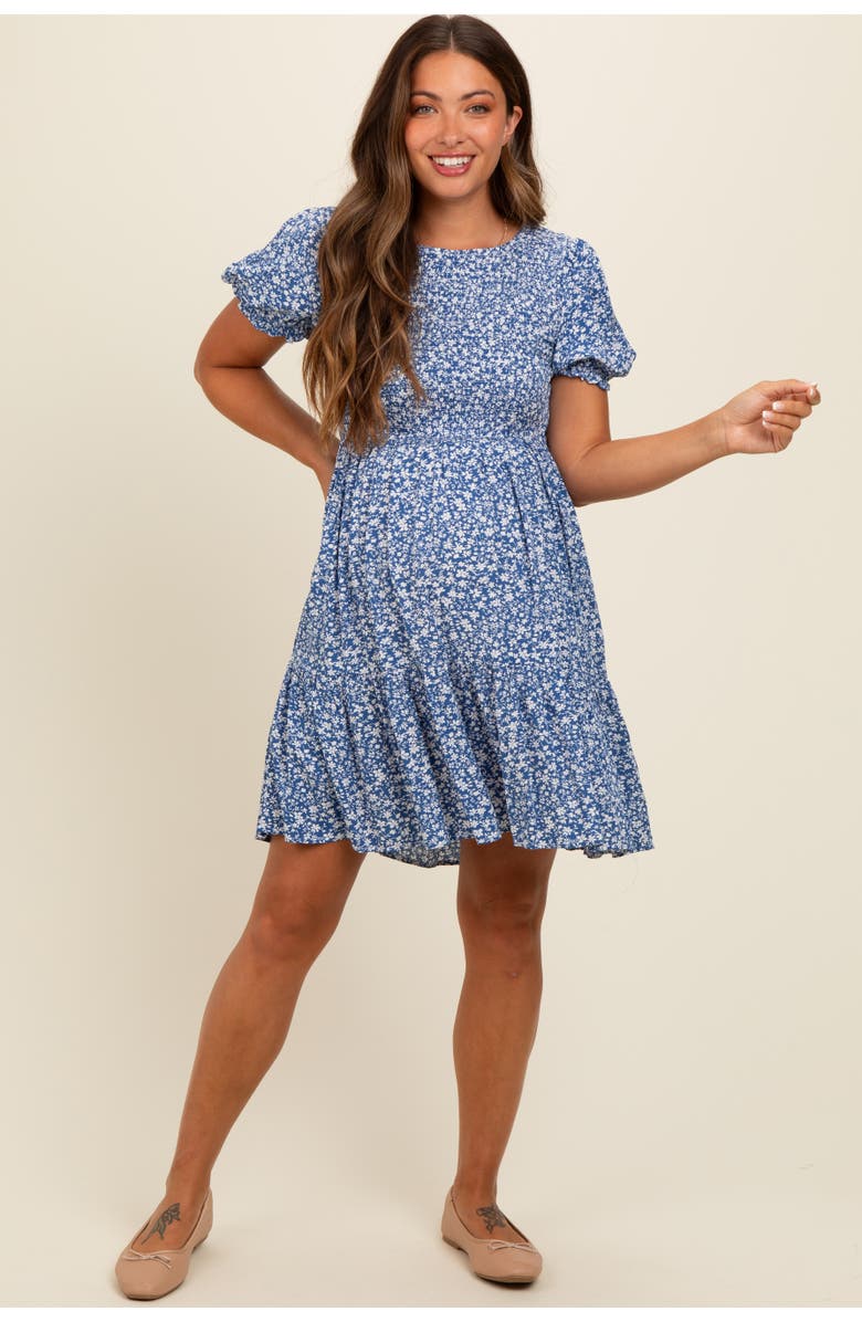 PinkBlush Floral Puff Sleeve Smocked Dress, Alternate, color, Blue
