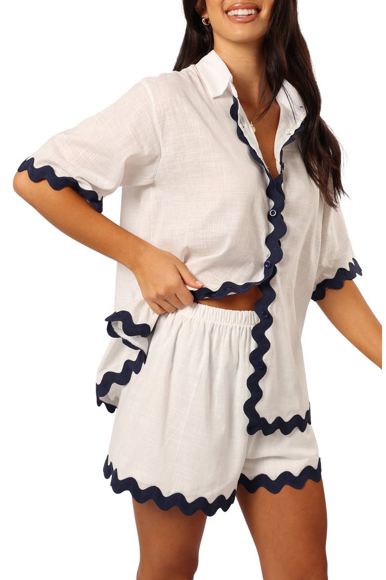 Wilson Rickrack Trim Oversize Cotton Button-Up Top & Shorts Set, Alternate, color, WHITE NAVY