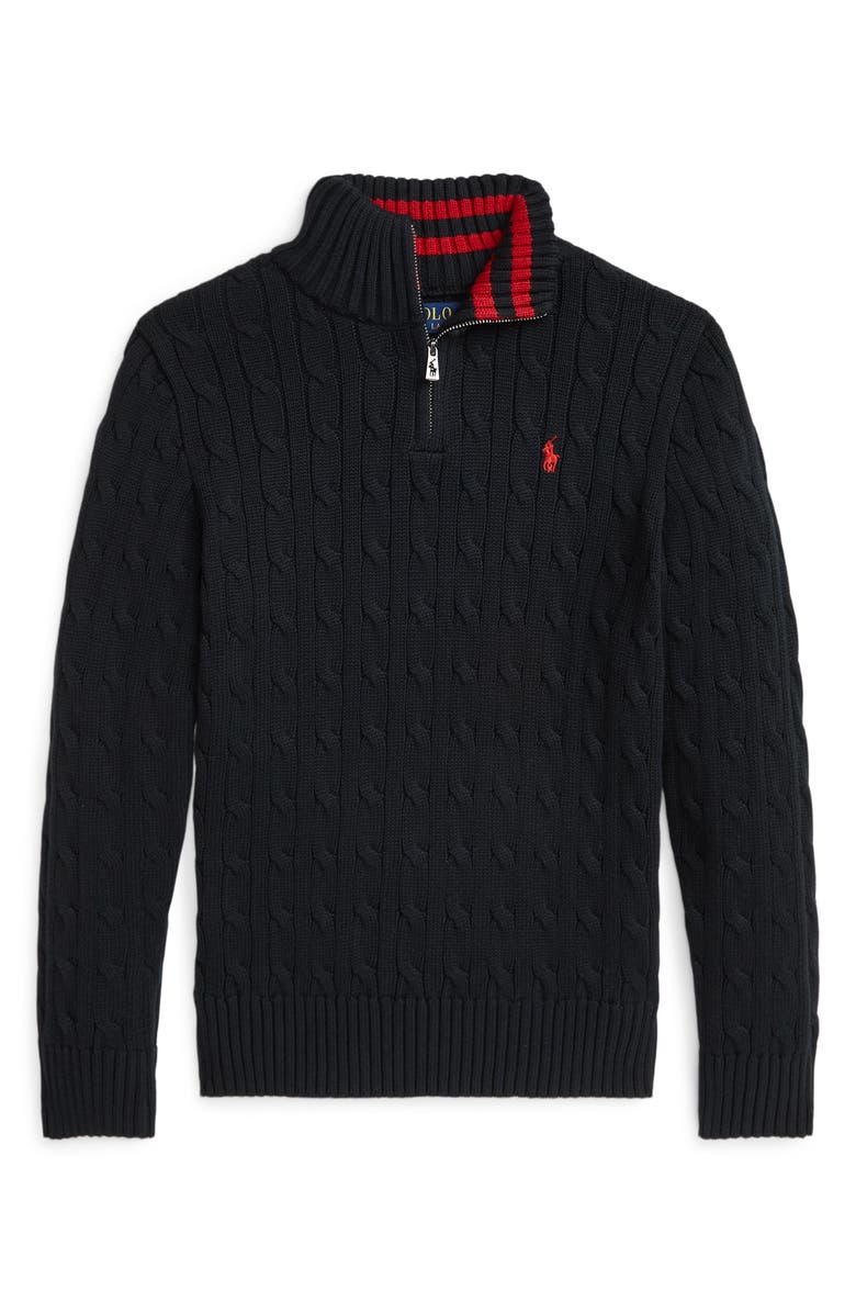 Polo Ralph Lauren Kids' Cabled Cotton Quarter Zip Sweater, Main, color, Black