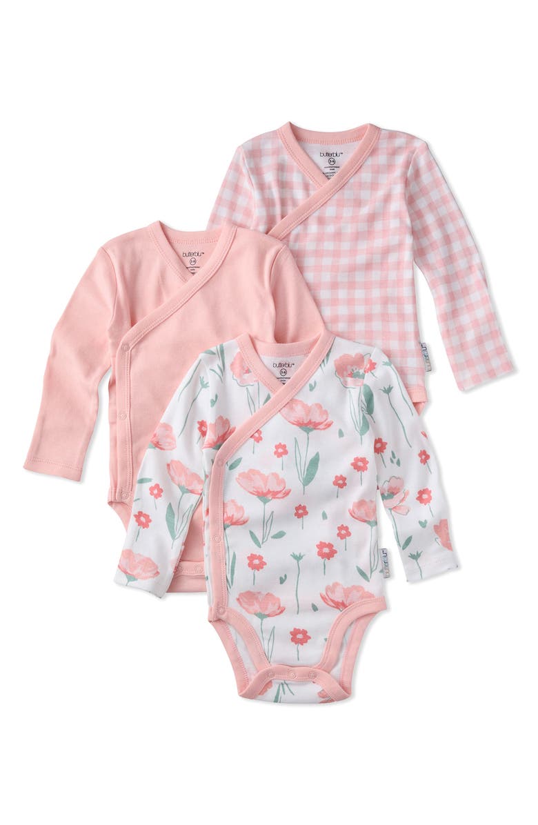 BUTTERBLU Sterling Side Snap Organic Cotton Assorted 3-Pack Bodysuits, Main, color, Floral Fields Check