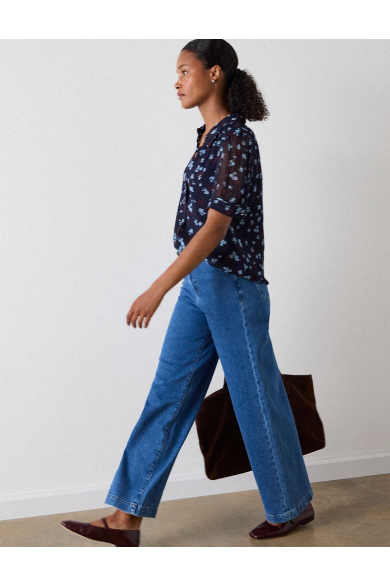 Viscose Short Sleeve Pintuck Blouse, Alternate, color, Navy/Multi
