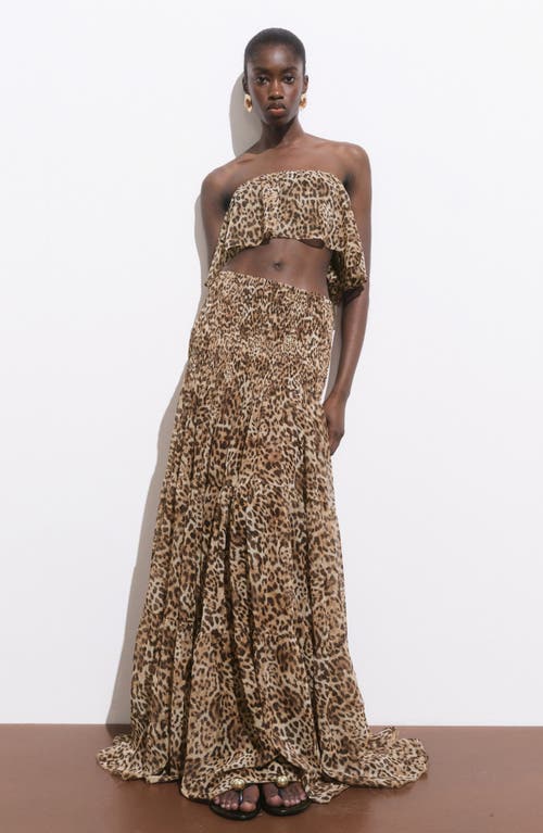 Mango Leopard Print Strapless Top In Brown